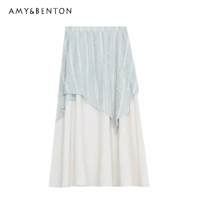 

Retro Design Green Irregular Two-piece Floral Women's 2026 Spring Summer Sweet Elastic Waist Slimming A-line Long Skirts Ladies