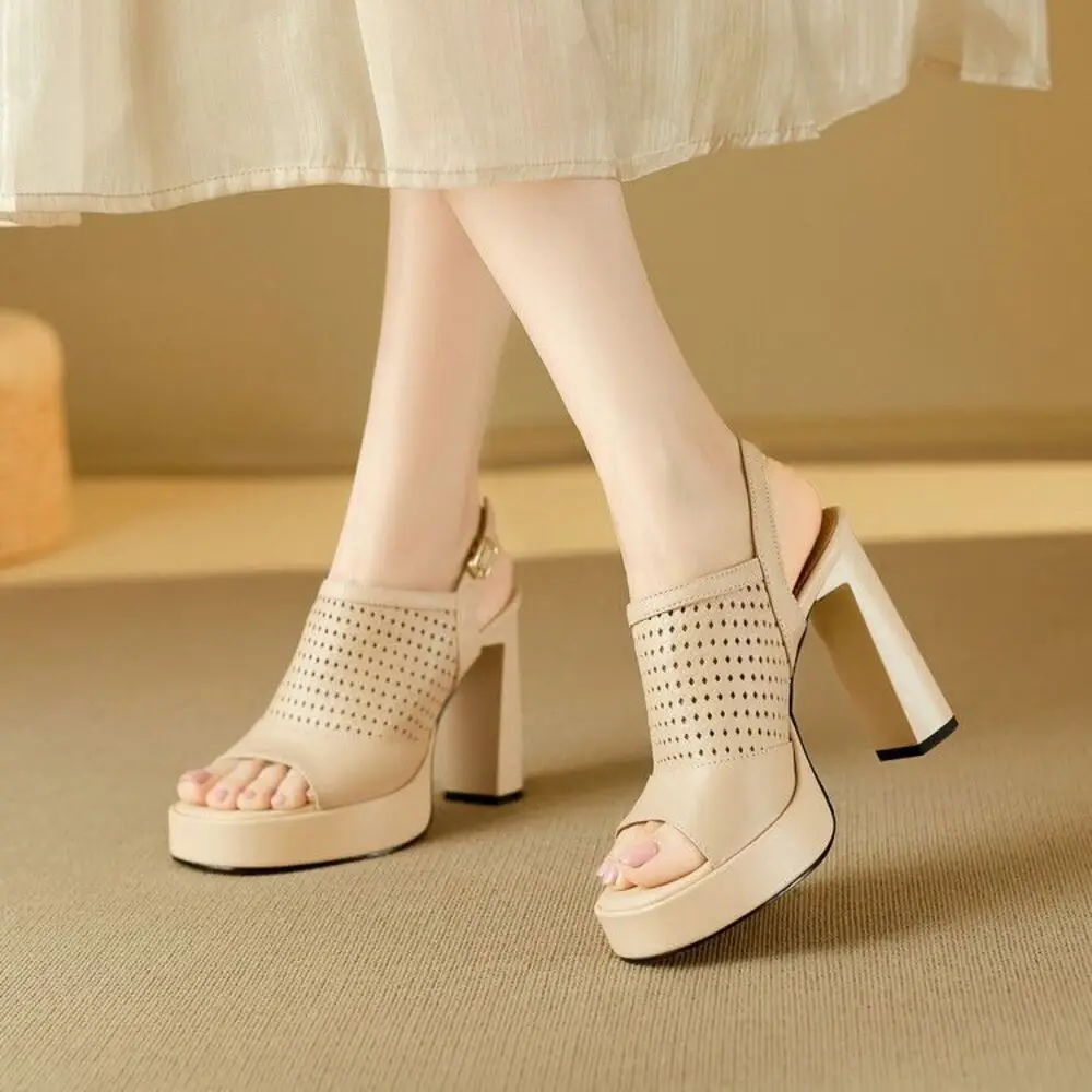 

Женские летние сандалии ручной работы из натуральной кожи на толстом каблуке, с вырезами, водонепроницаемые, на платформе, с открытым носком