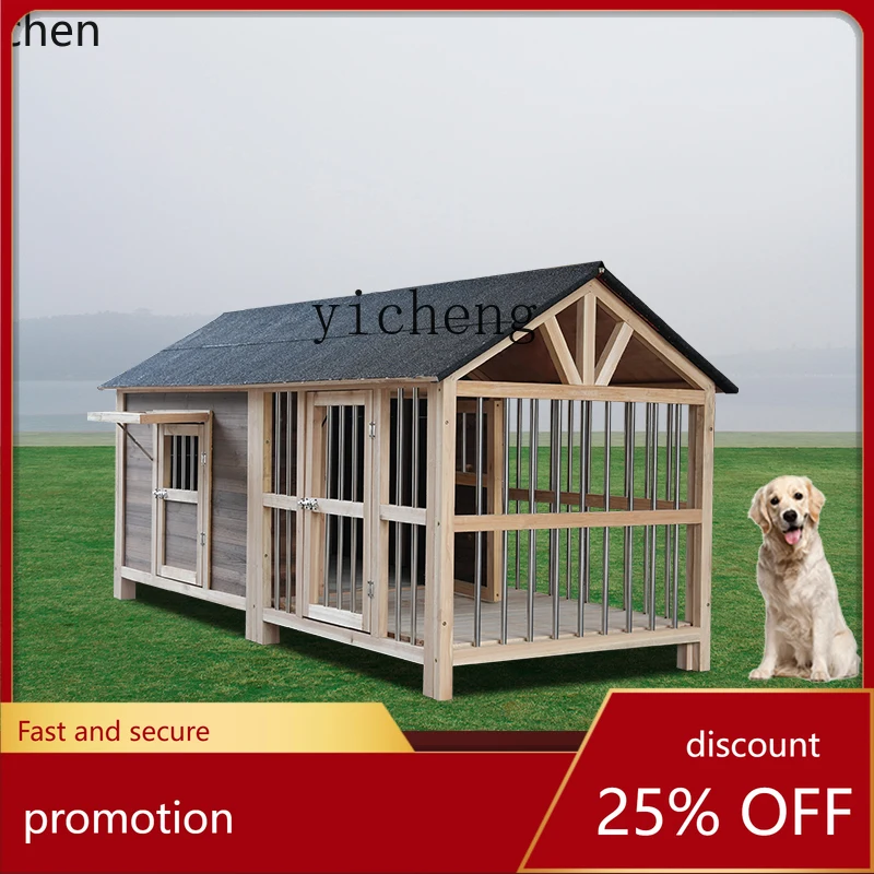 

ZML dog house outdoor warm and rainproof four-season universal dog cage outdoor small medium and large dog solid wood with yard
