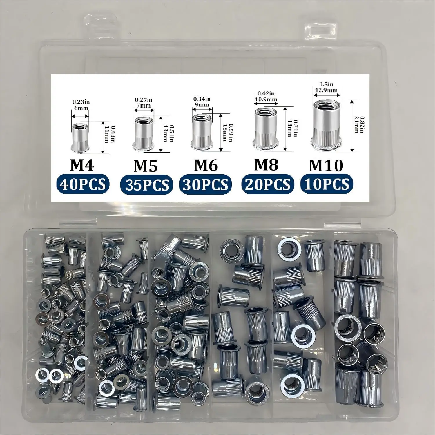 Metric Rivet Nut Assortment Kit 135pcs M4 M5 M6 M8 M10 Steel Rivet Nuts Set