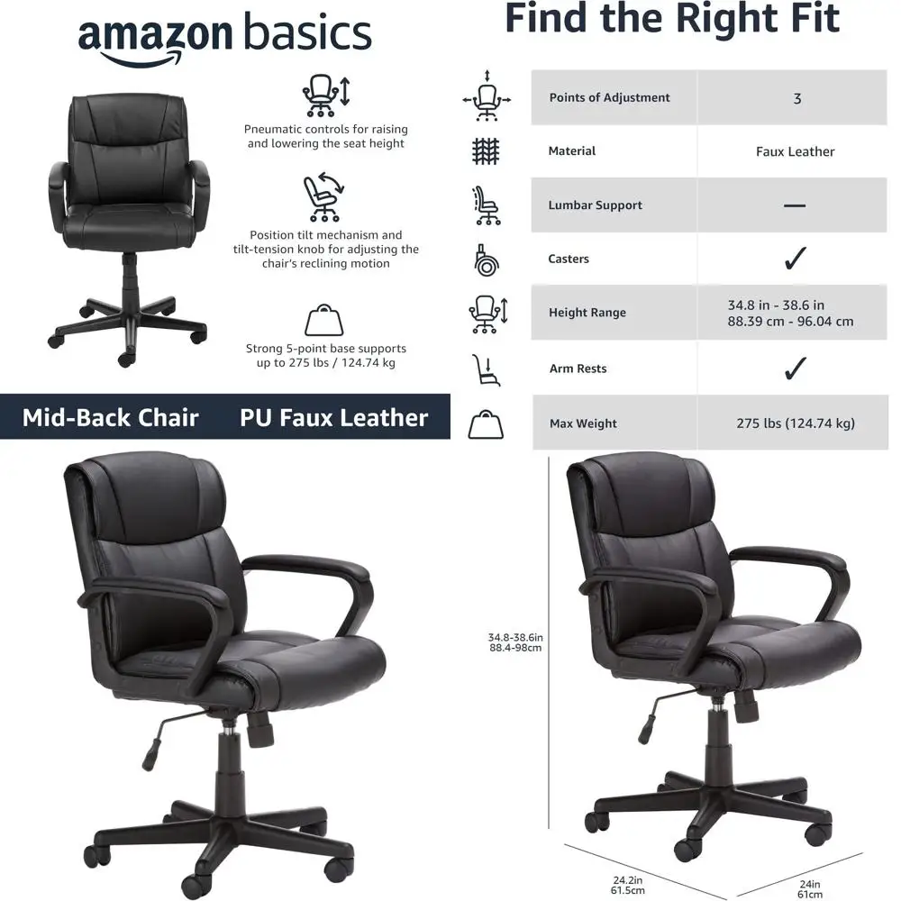

Ergonomic Mid-Back Office Chair with Padded Armrests, Adjustable, 360 Swivel, Rolling, 275 lbs Capacity, Black Faux Leather, 24.