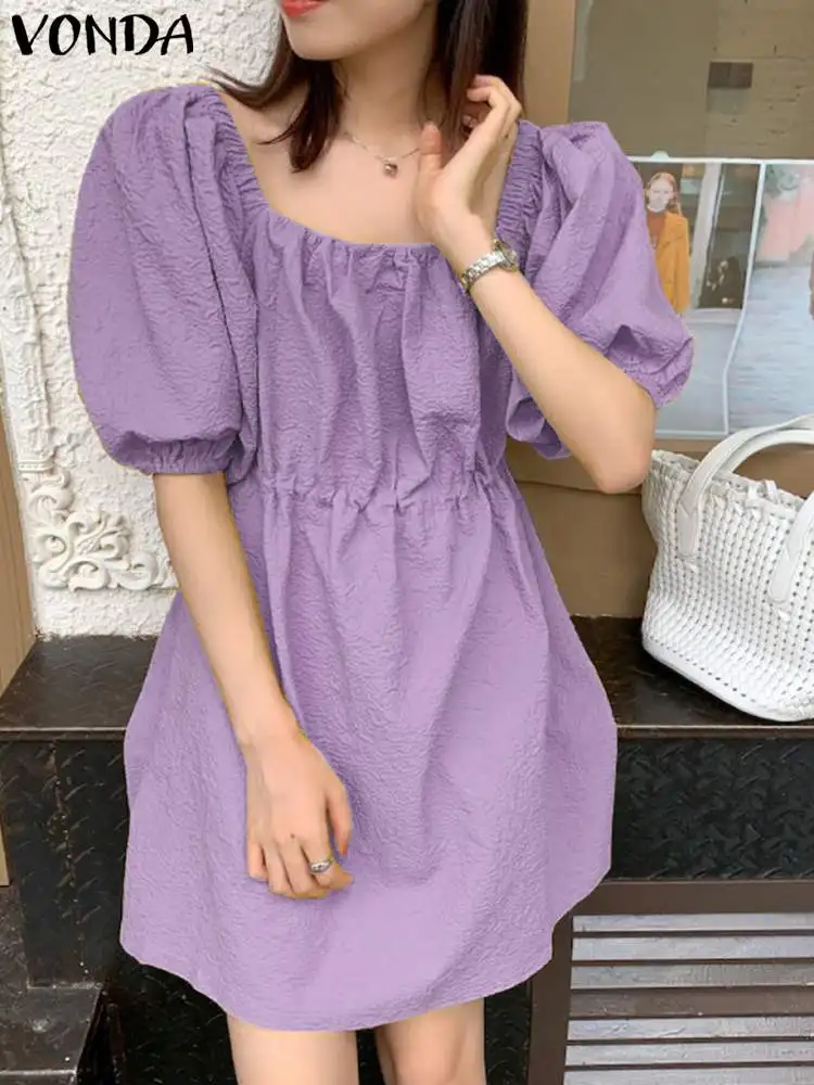 VONDA-Mini Robe d'Été pour Femme, Chemise Élégante, Col Carré, Manches Courtes Bouffantes, Couleur Unie, Vêtement de Plage Décontracté, 2024