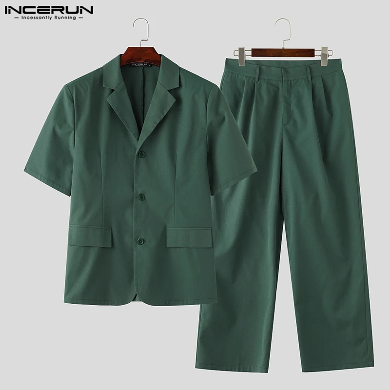 2024 Men Sets Solid Color Streetwear Lapel Short Sleeve Blazer & Straight Pants 2PCS Fashion Men\'s Casual Suits S-5XL INCERUN