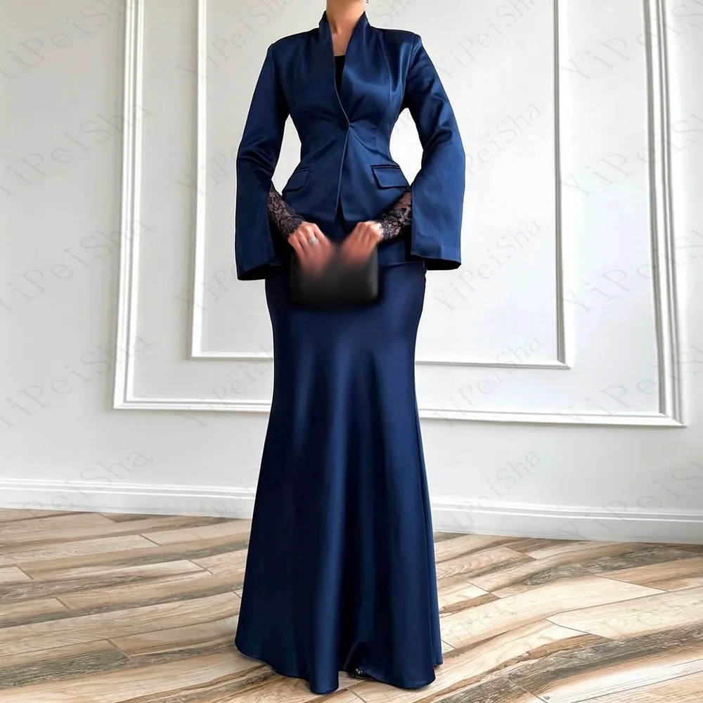 

Customized A-Line Prom Dresses Floor-Length V-Neck Full Sleeve Evening Gown Fashion Lace Pockest Simple Draped Casual Party Gown
