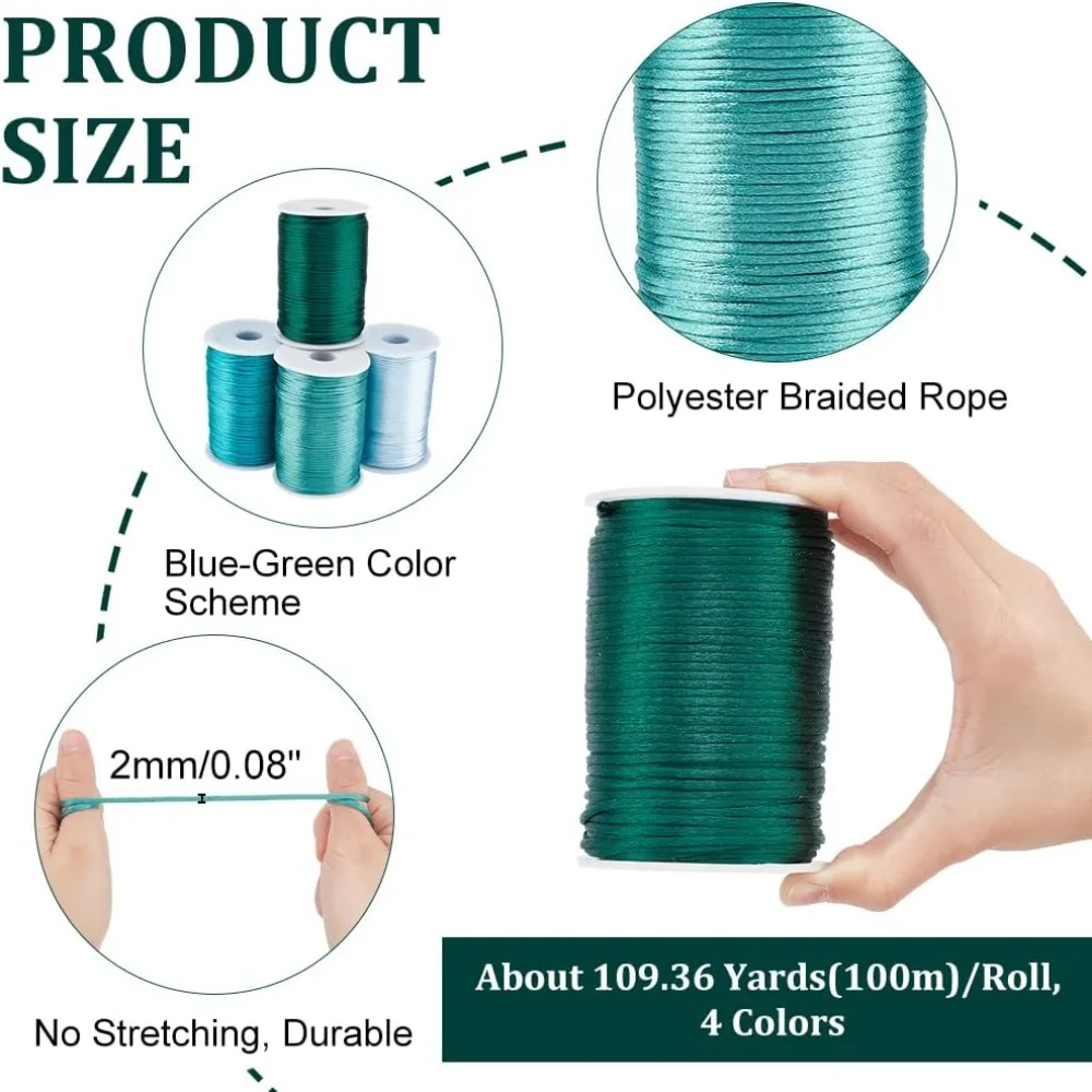 arricraft 109.36 Yards Satin Rattail Cord String, Satin Sage Rope Polyester Threaded Rope Ribbon Silk Nylon Rope 4 Rolls Braided