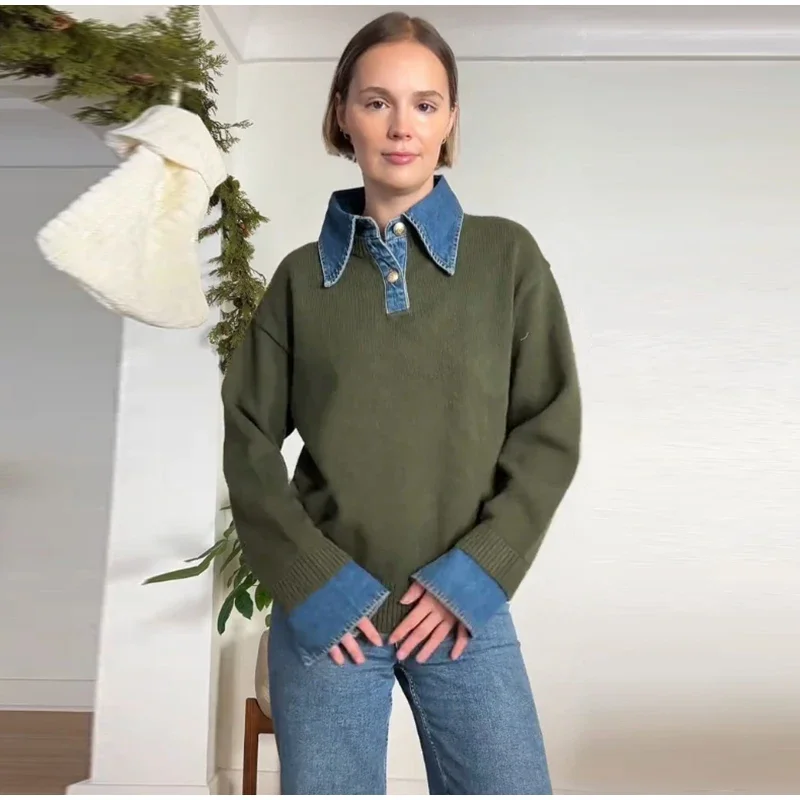 Gedrehter Revers-Kragen Denim-Patchwork Strickpullover für Damen, Streetwear Langarm Locker Sitzende Strickwaren, Schicke Damen-Oberbekleidung Neu – Detail 21