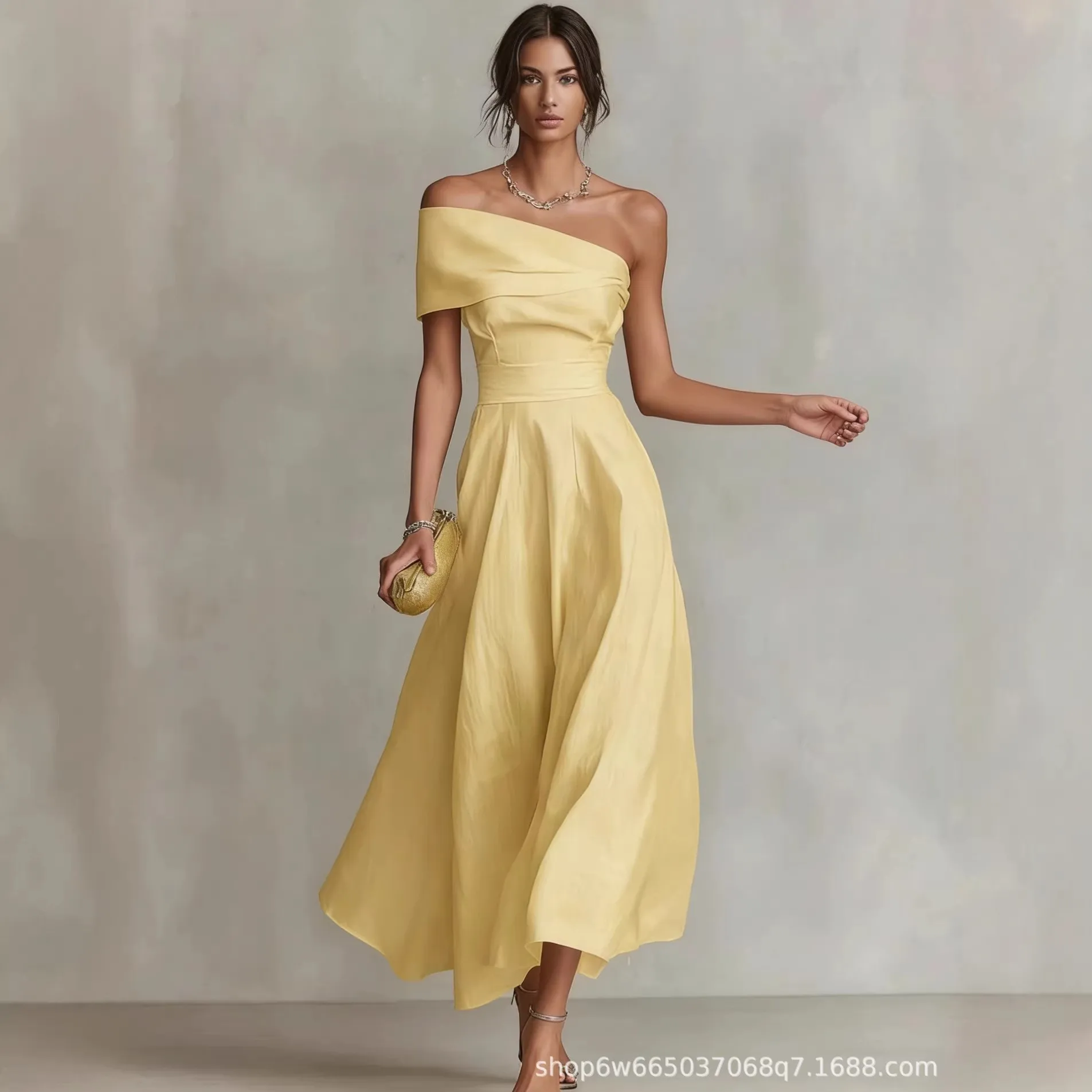 Vestido midi elegante de mujer con hombros descubiertos y corte en A para invitadas de boda, fiestas de verano, bailes de graduación y eventos de boda