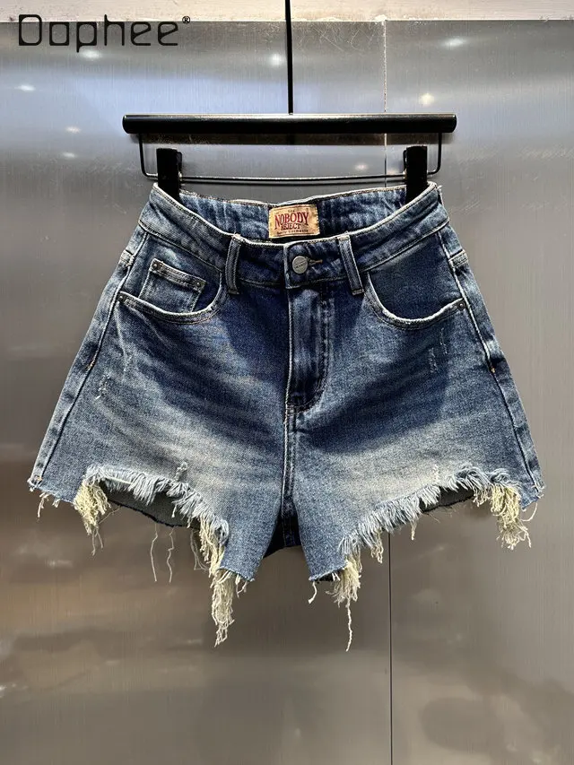 

Women's High Waist Ripped Denim Shorts Summer Casual Loose Wide Leg Jean Shorts Frayed Hem Distressed Washed Blue Hot Pants