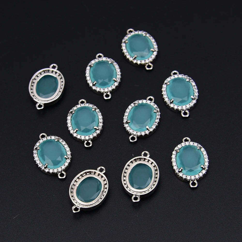 APDGG 10 Pcs Natural Lake Blue Cat eye Stone Cz Sliver Color Connector Charms Pendant Jewelry DIY view 4