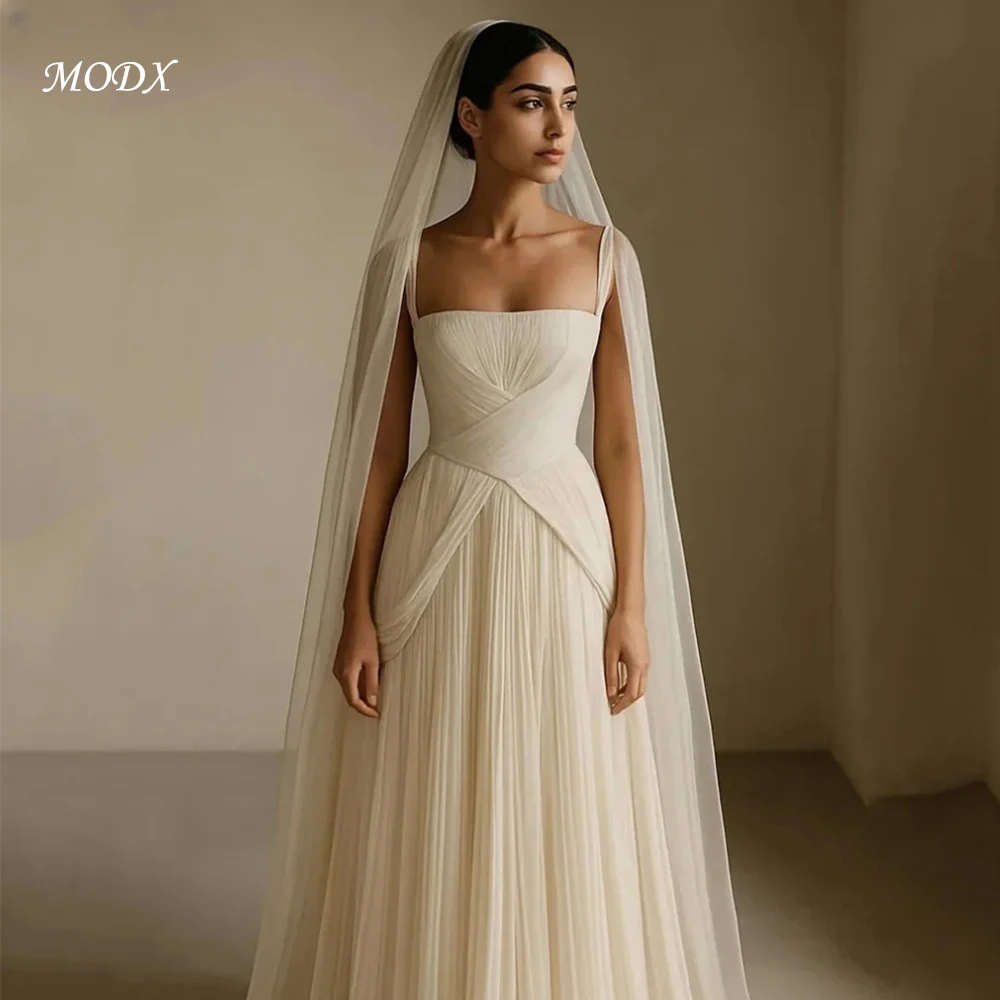 

MODX Simple A Line Wedding Dress Spaghetti Strap Pleat Classy Bridal Gowns Women Elegant Zipper Beach Bride Dresses Customized