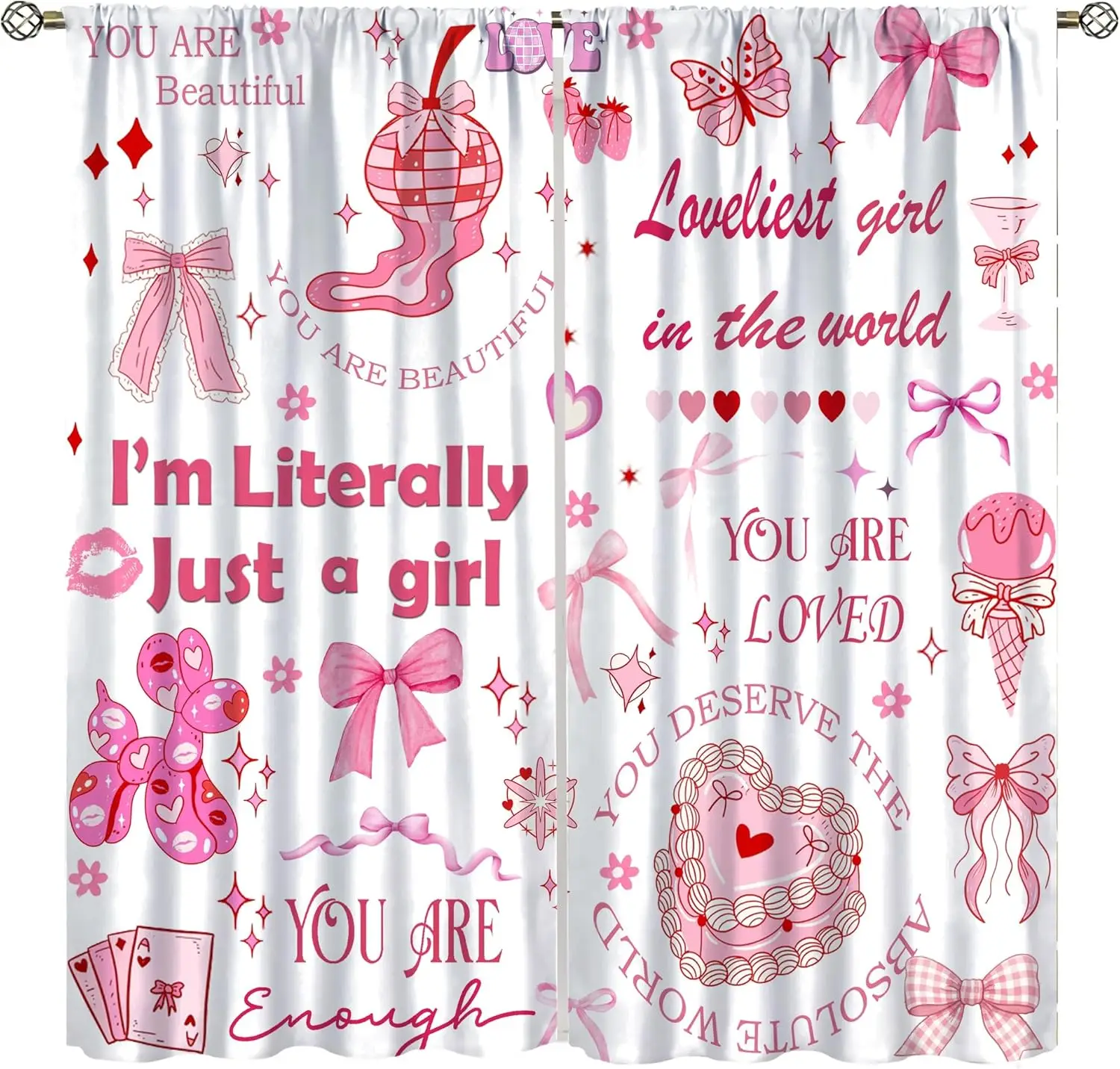 Sweet Pink Coquette Blackout Curtain Bow Disco Positive Girl Words Rod Pocket Window Panels Teen Girl Apartment Living Window