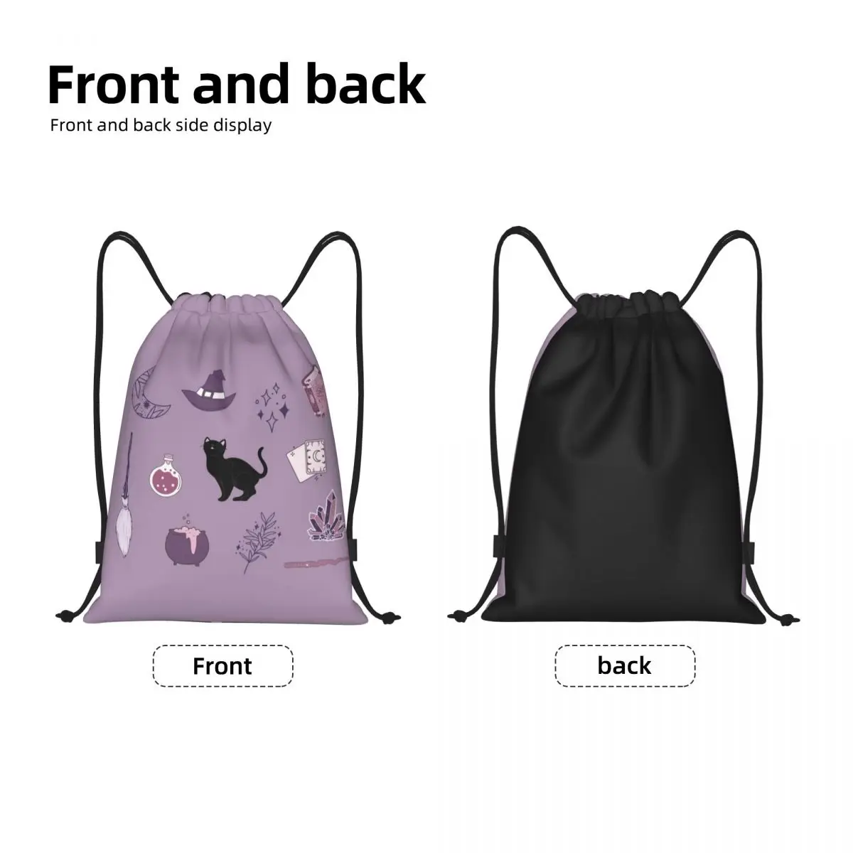 Mochila de cordão para homens e mulheres Pacote de bruxa roxa Saco de ginástica esportiva Halloween Spooky Cat Training Sackpack