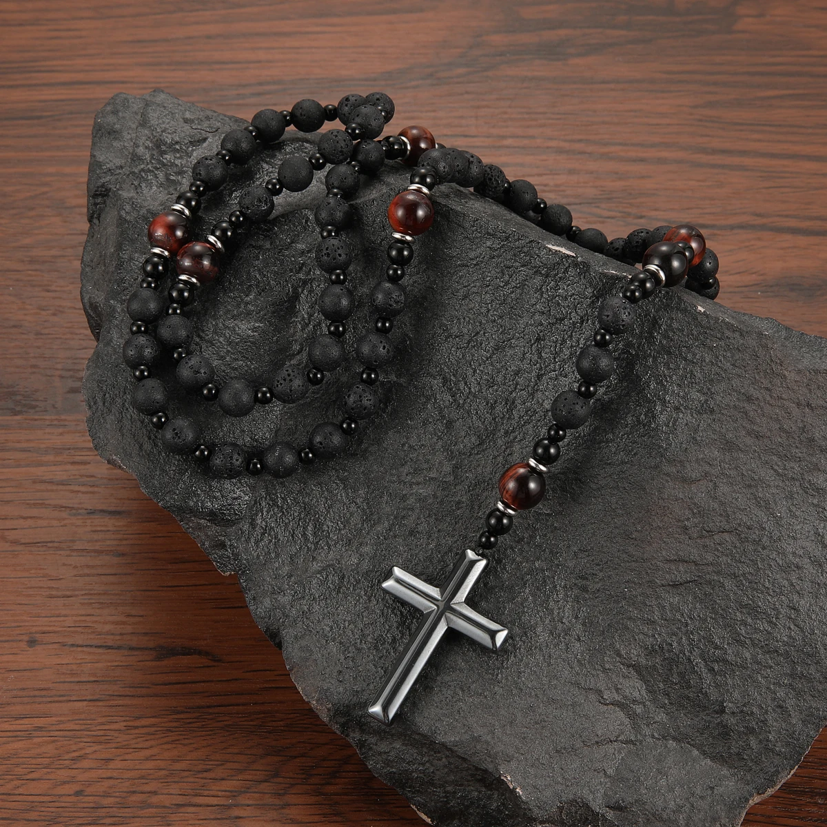 Cool Black Lava Stone Tiger-eye Beads Cross Pendant Long Necklace for Men and Women Rosary