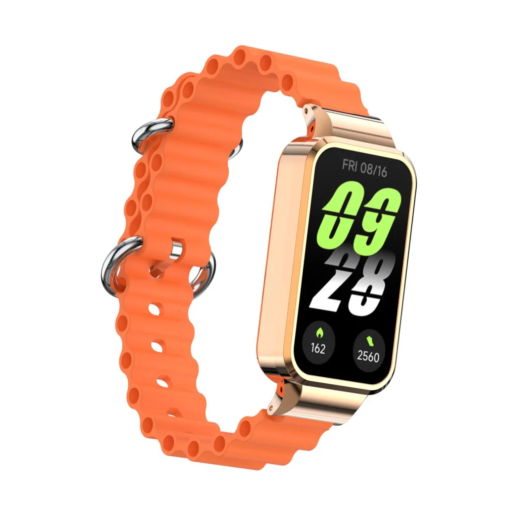 2in1 Wavy Silicone Strap+Rose Gold Case Suit for Redmi Band3 and Miband9 Active Metal Protective Cover and Silicone Strap