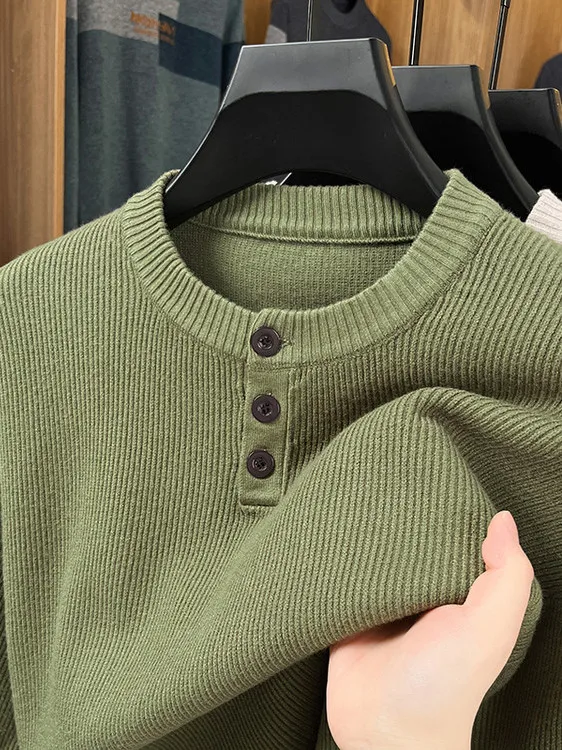 

Henry Collar Long Sve Knitted T-irt Men's Faion Ci Sle Inner Wear Embroidered Base irt Tee Button round Ne