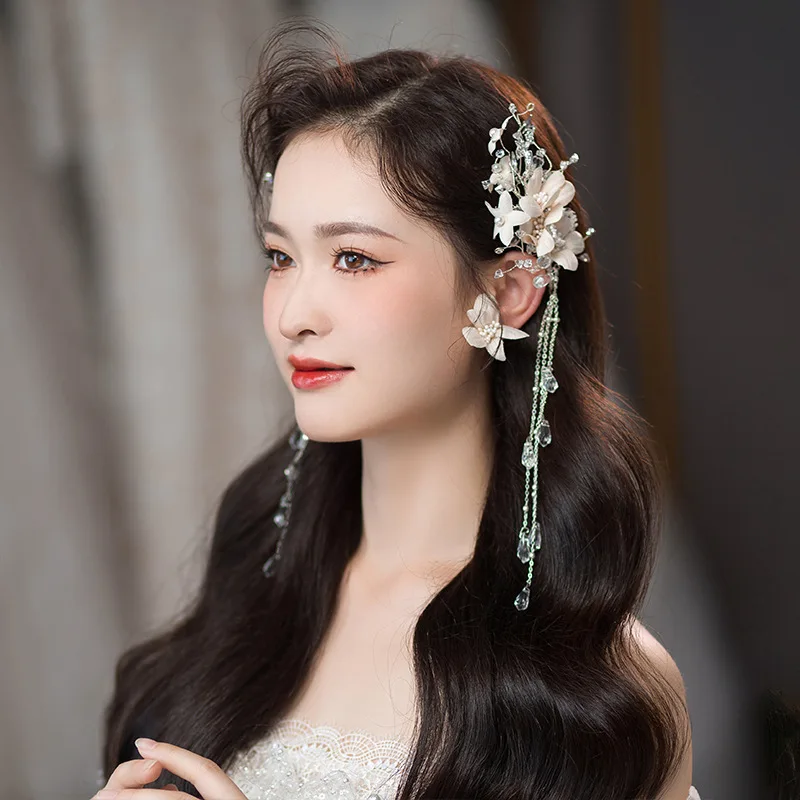 Schöne Braut Tiara koreanischen Stil Blume Super Fee handgemachte Kristall Fransen Haarnadel Ohrring Set für die Ehe