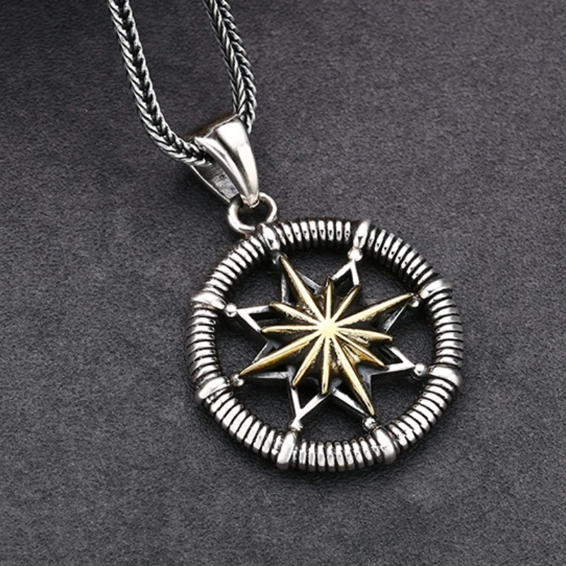 S925 Sterling Silver Pendants for Women Men New Fashion Sun God Radiance Hip Hop Compass Punk Jewelry Amulet Free Shipping