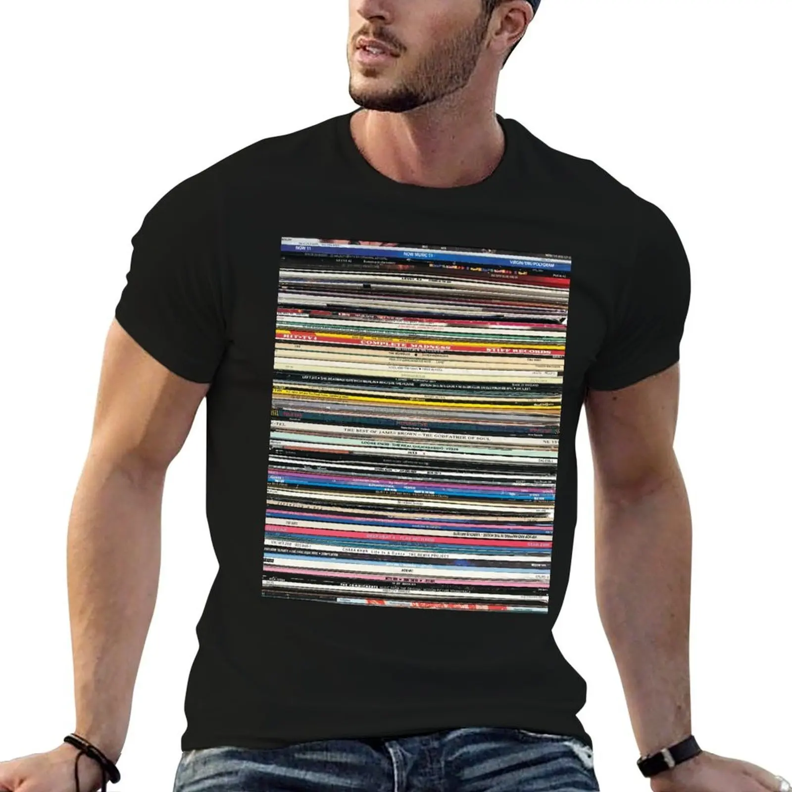 

Records vinyl stack 80s music T-Shirt anime tshirt t shirt men 100% cotton luxury brand T-Shirt