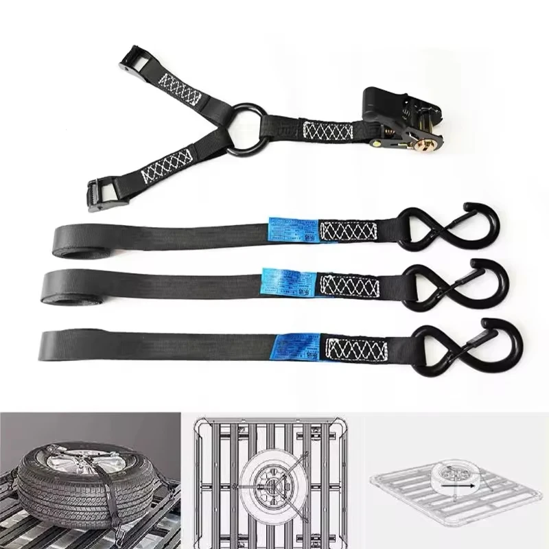 Support de toit plat pour VR, support de roue de secours, ancre de pneu tout-terrain, corde de tension pour porte-bagages AW pour camping et voyages en extérieur