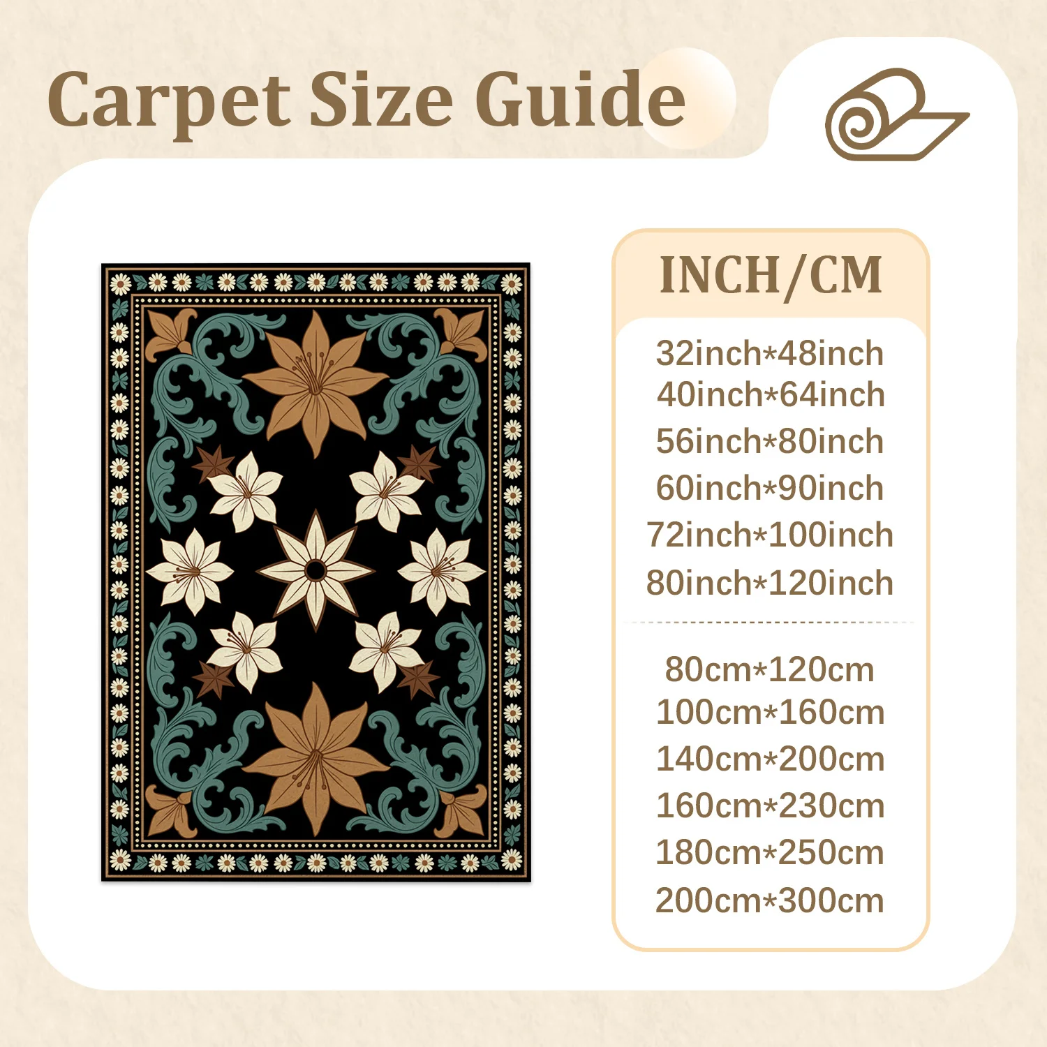 Vintage Floral Decor Pattern Area Rug, Velvet Fabric, Machine Washable, Stays Securely in Place Floor Covering, for Living Room, Bedroom, Dining Room, Entryway, Ideal for Halloween, Thanksgiving, Christmas, New Year Home Decor