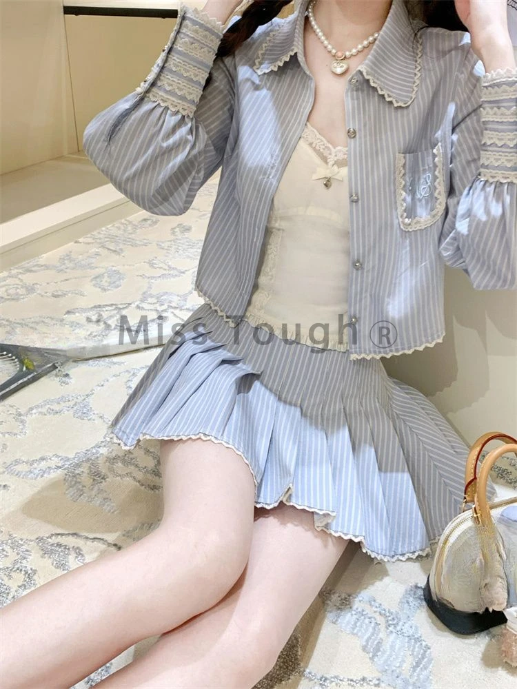 Winter Korean Sweet New 3 Piece Set Women Blue Solid Vest + Chic Coat + Pleated Skirt Preppy Style Chic Striped Fairy Suit 2024