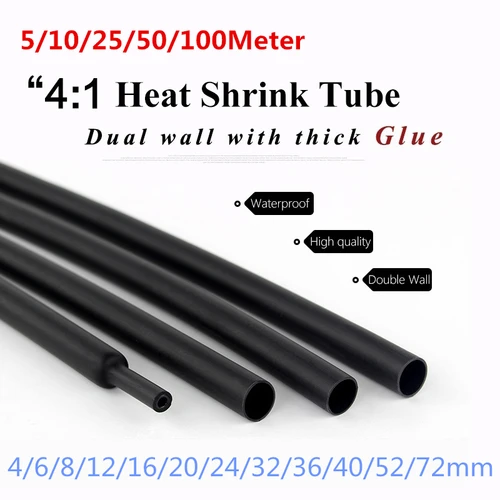 Tubo termorretráctil de 5M-100M4:1 con pegamento, kit de Cable de envoltura de manga de tubo de doble pared forrado adhesivo, 4/12/16/20/24/ 32/36/40/52/72mm