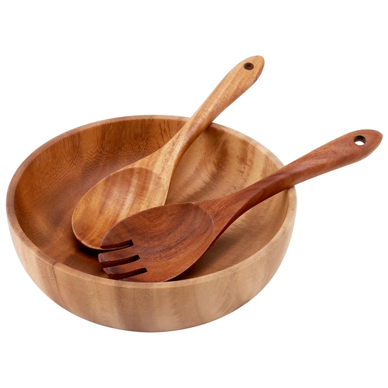 Wooden Salad Bowl-Large 9.4 Inch Wood Salad Wooden Bowl with Spoon, Can Be Used for Fruit, Salad-A09G