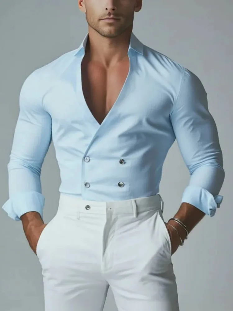 

Men's Solid Color Double-Breasted Business Shirt Long-Sleeved Formal Shirt Spring And Summer Office Slim Fit Men's Tops