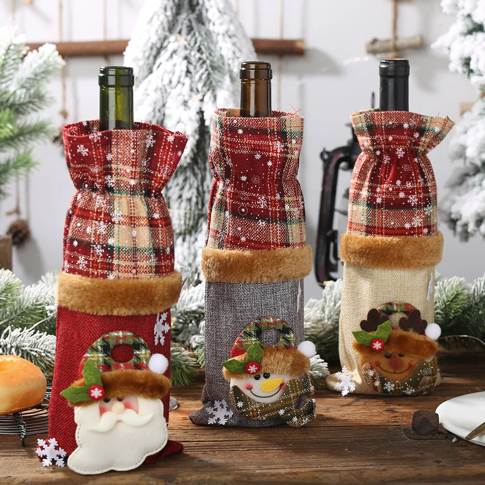 Christmas Decorations Wine Bottle Sets Plaid Linen Wine Bottle Decorations Plaid Wine Bottle Bags