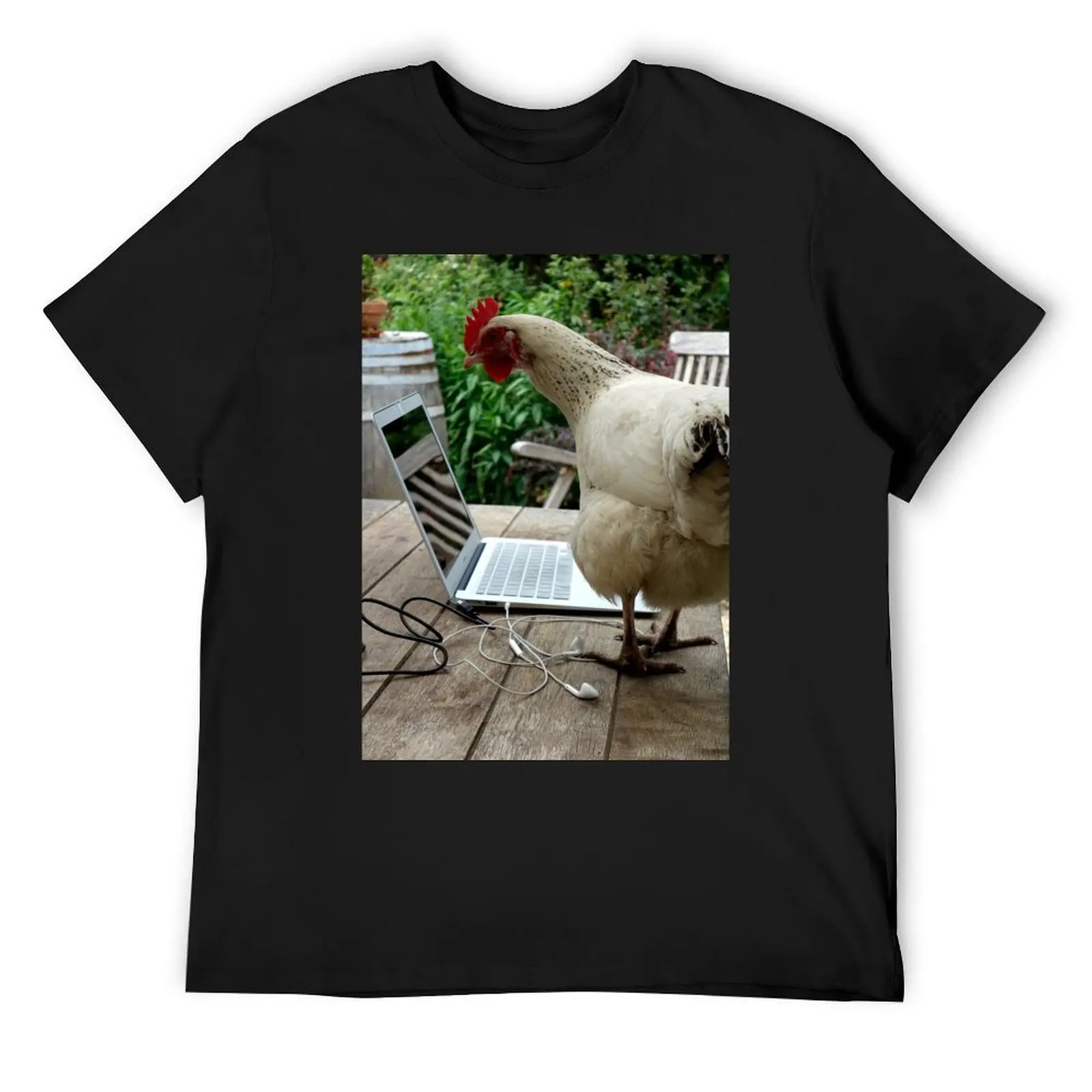 

Chicken looking into a computer T-Shirt shirts graphic man t shirt anime tshirt mens t shirts