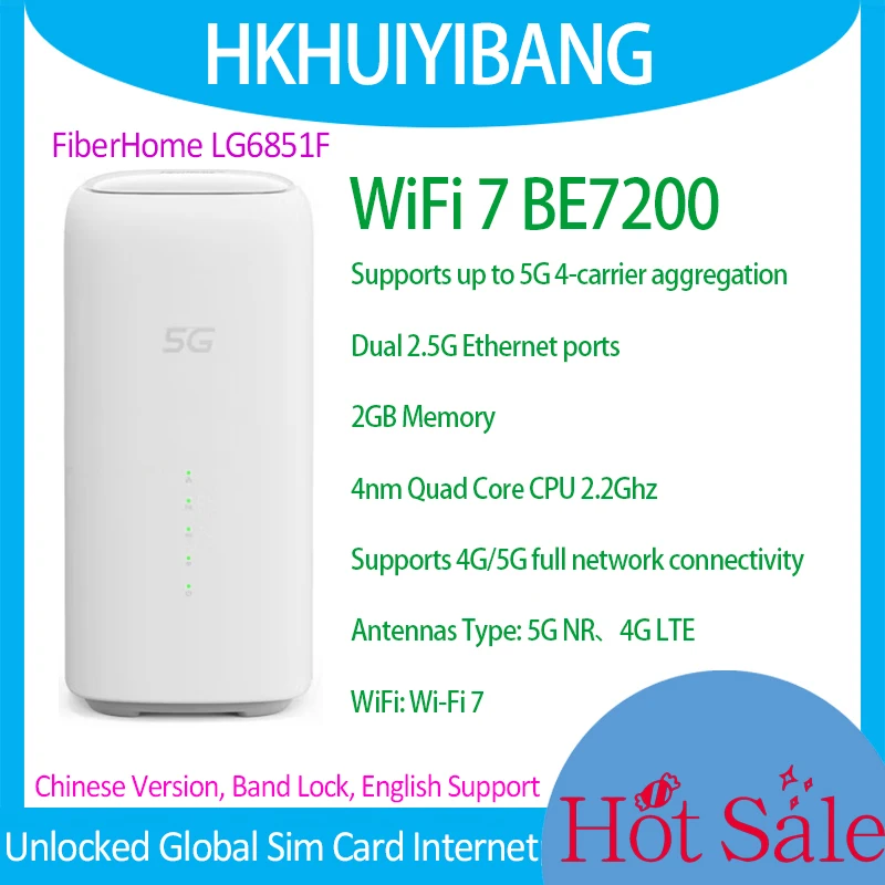 Unlocked FiberHome 5G CPE Pro LG6851F BE7200 WiFi 7 Router NFC Dual 2.5G Lan Ports 5G 4G LTE Cat19 Sim Wireless Modem Band Lock