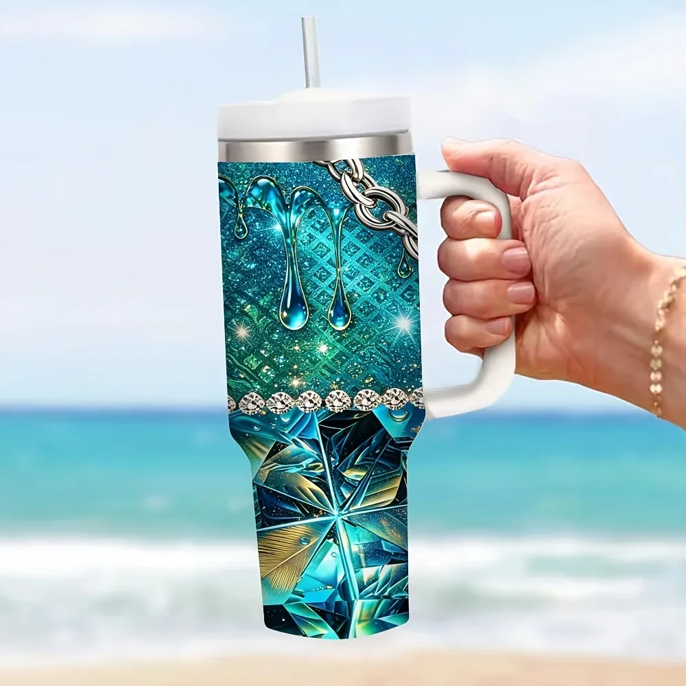 40Oz Insulated Tumbler with Handle, Featuring Blue Glam Diamond Drip And Peacock Eye Chain Print, Suitable for Daily Use And Outdoor Trips, Keeping Hot And Cold Drinks at Perfect Temperature for All Occasions