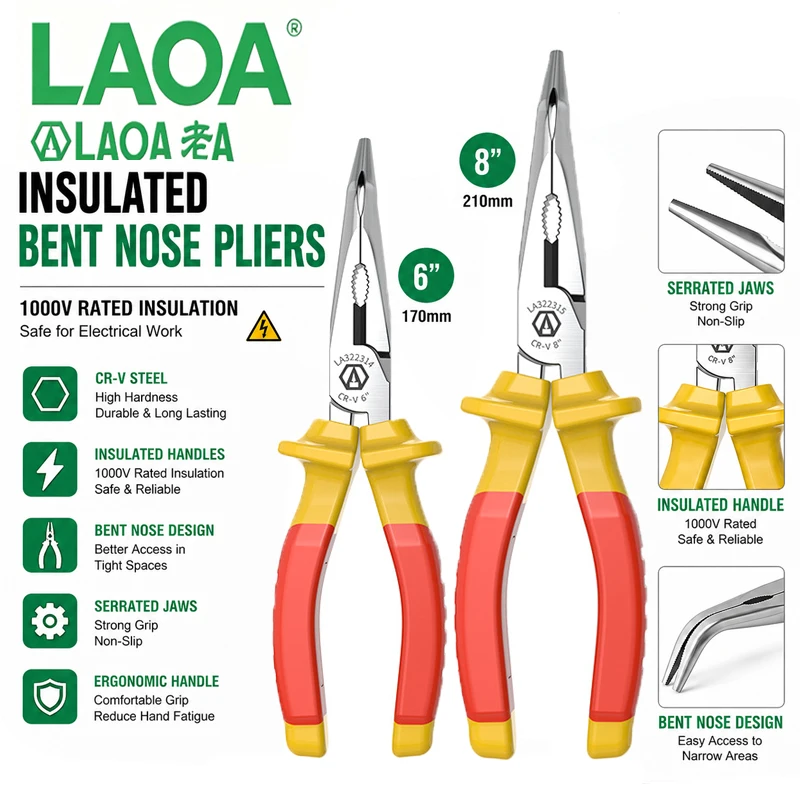 LAOA 1000V Insulated Curved Bent Nose Pliers, 6Inch 8Inch VDE Insulated Pliers, for Live‑Wire Maintenance Repair Work Hand Tool
