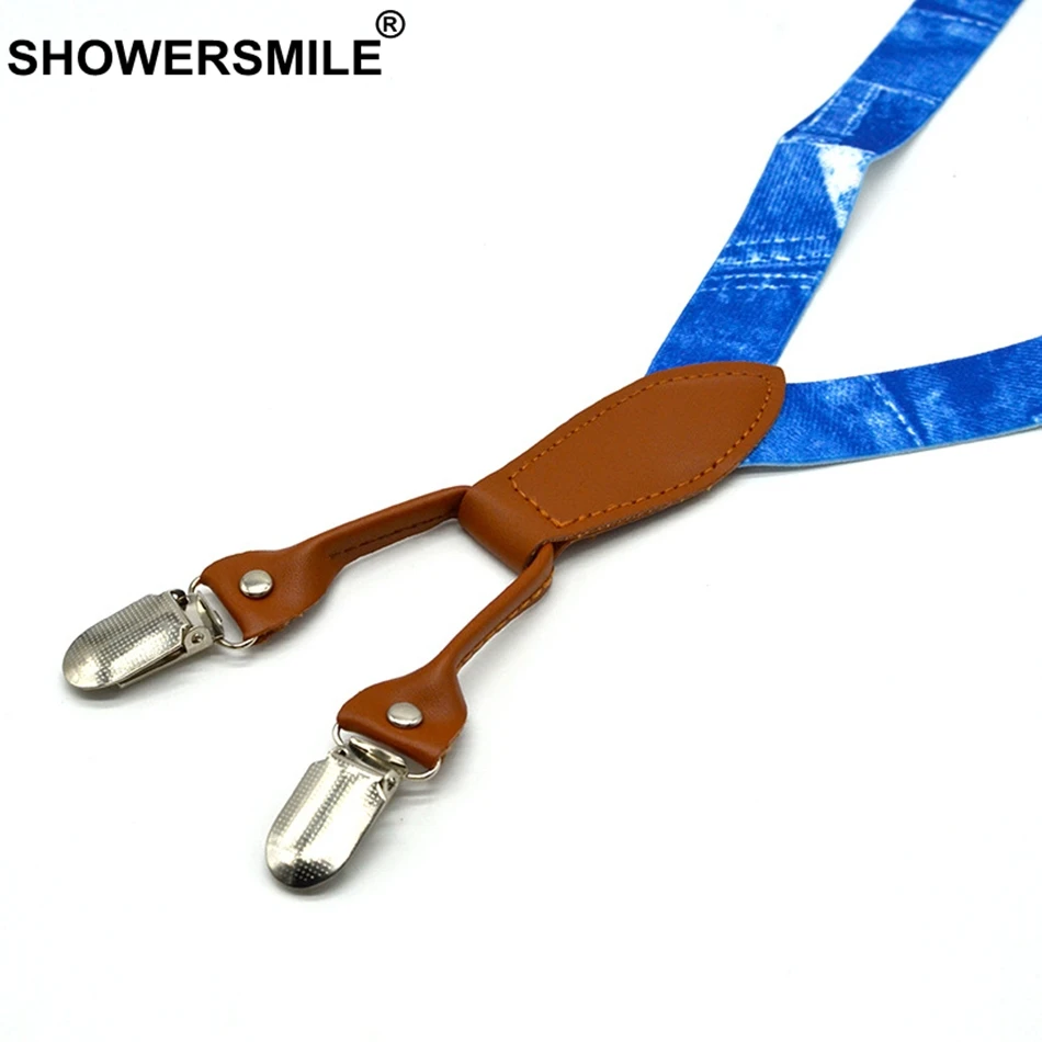 Showersmile meninos suspensórios impressão denim azul suspensórios e gravata borboleta conjunto crianças couro 4 clipes elástico ajustável criança calças cinta