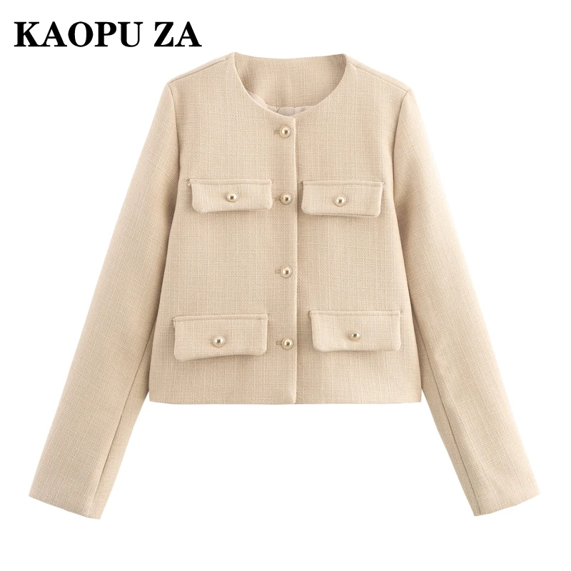 KAOPU ZA 2024 Winter New Woman Sophisticated Long Sleeve Jacket Top Korean Autumn Woman's Short O-Collar Suit Coat Outerwear