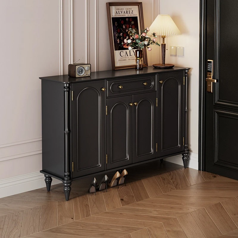 

American retro entrance cabinet shoe cabinet integrated large capacity multi-layer large entrance door black