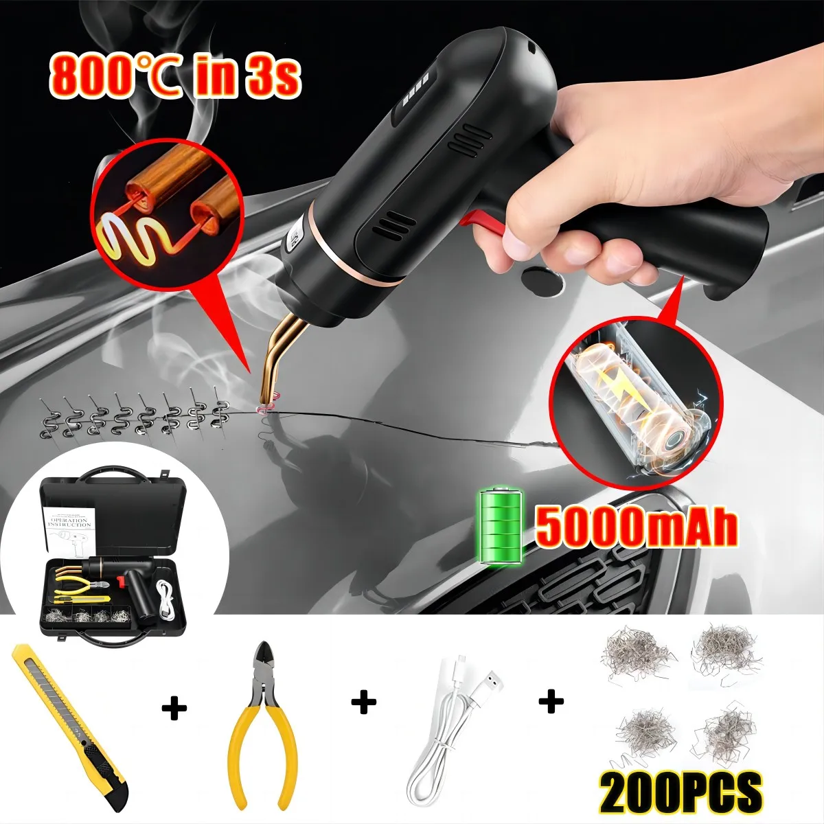 Kit de pistola de plástico sem fio, grampos recarregáveis, aquecimento rápido, ferramentas multiuso de reparo, 200W, 200pcs