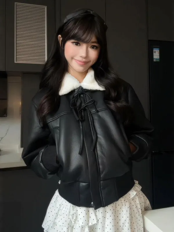 

Retro High-End Feel Super Beautiful Thiened Fce Bla Leather Jaet Women's Faionable Outerwear Autumn Season