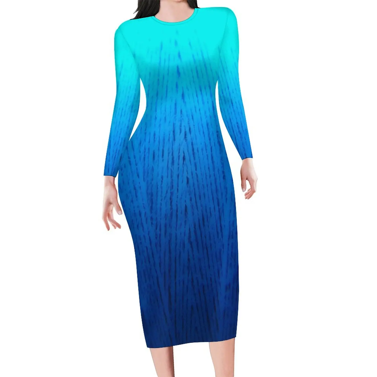 Blue Ombre Dress Long Sleeve Gradient Print Streetwear Dresses Spring Club Bodycon Dress Women Custom Big Size Vestido