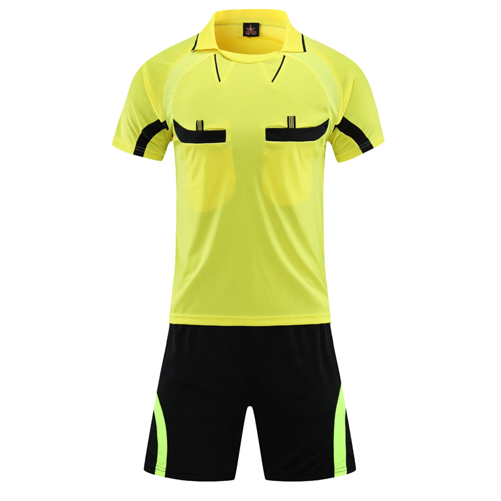 Mens Soccer Referee Outfit Short Sleeve Tracksuit Turn-Down Collar T-shirt with Mid Waist Shorts Running Football Match Uniform