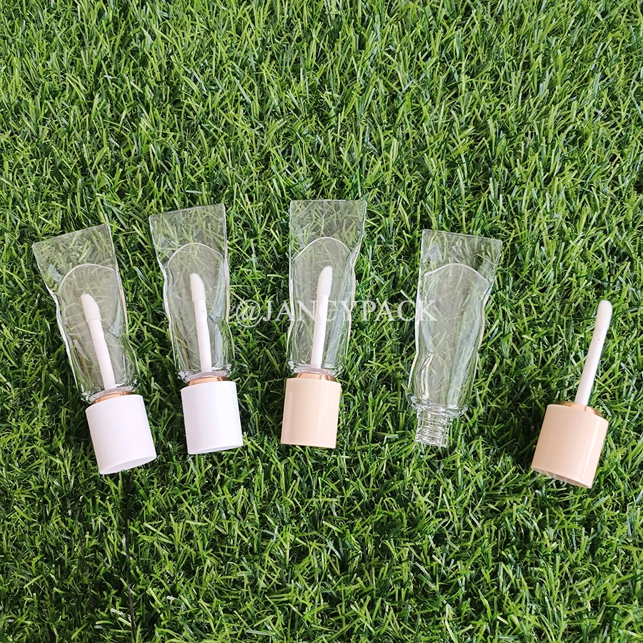 Atacado rosa nude creme dental design 4ml personalizado vazio brilho labial garrafa matiz tubo vazio com escova