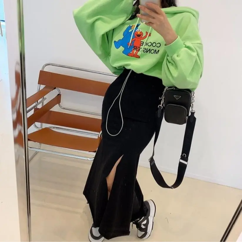 

Ele Pure Color Elastic Waist Splice Design Fi Tail f Skirt Women's Open Long Skirt Comfortable Cotton Daily Wear