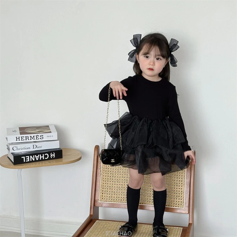 

Party Dress 2025 New Spring Black Girls Long Sleeve Tutu Dresses Gown Children Costume Kids Elegant Tulle Birthday Princess