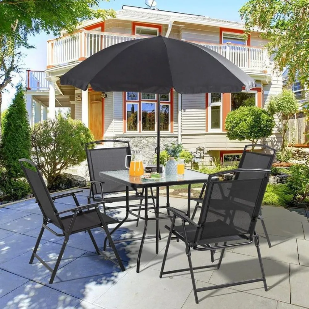 Ensemble de salle à manger de patio pliant 6 pièces avec table en verre et grand parapluie, ensemble table et chaises de patio de jardin extérieur