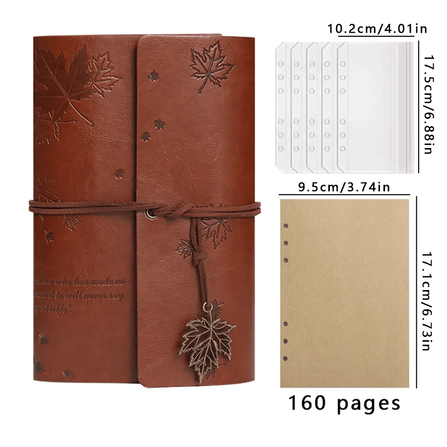 Retro-Ledereinband, nostalgisches Notizbuch mit gefallenen Blättern und Spiralringen für lose Blätter | Reisetagebuch | Handkontobuch im Waldstil – Detail 12