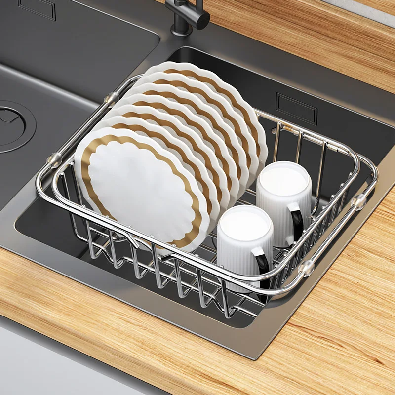 Adjustable Kitchen Sink Strainer with Drain Basket, Fruit and Vegetable Dish Rack Multifunctional Stainless Steel Sink Basket