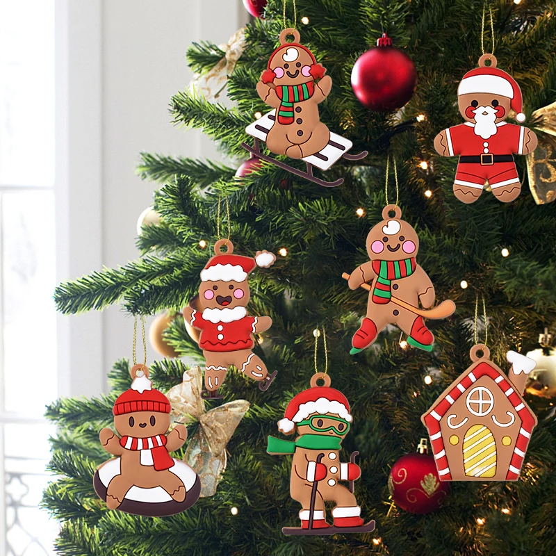

10PCS Christmas Gingerbread Man Pendant PVC Mini Xmas Tree Hanging Decoration Merry Chrismas Ornament New Year Deco Party Supply