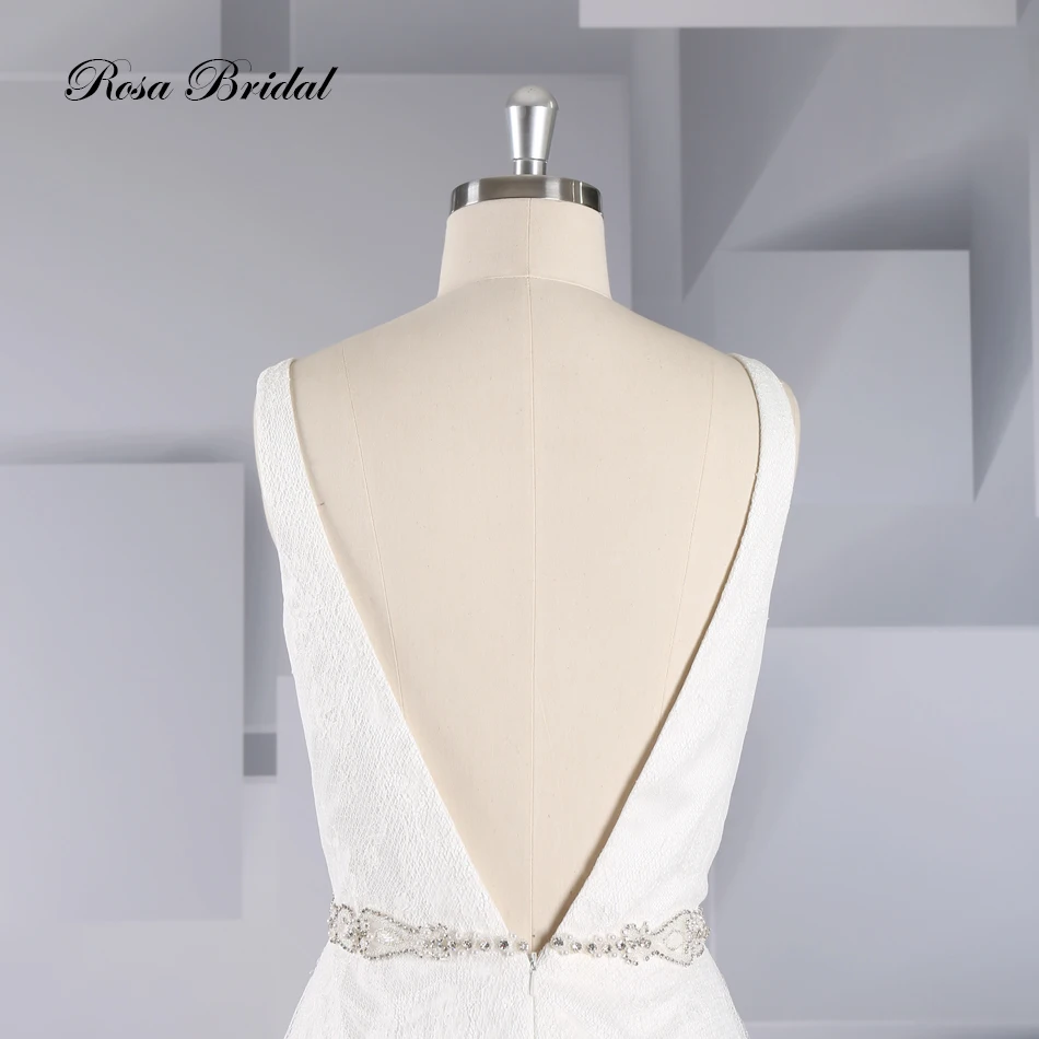 V-Neck Backless Beaded Belt A-Line Wedding Dress