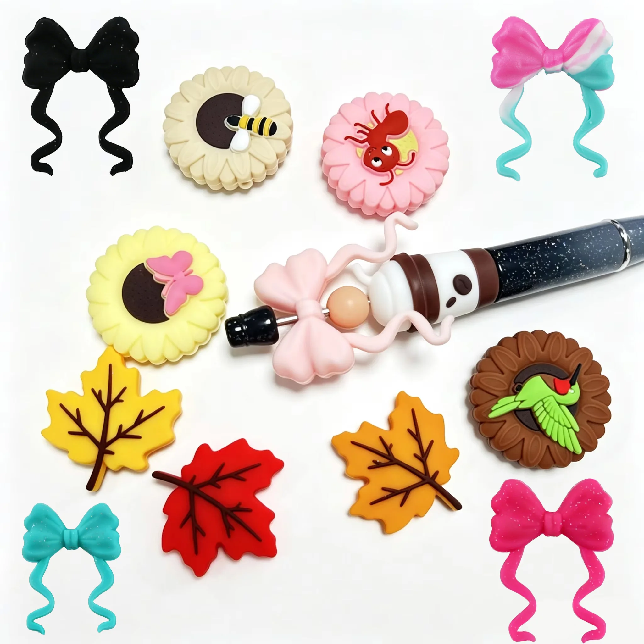 Kovict New 10pcs Colorful Maple Leaf Bow Sunflower Animal Silicone Focal Bead DIY For Jewelry Making Beaded Pen Decoration