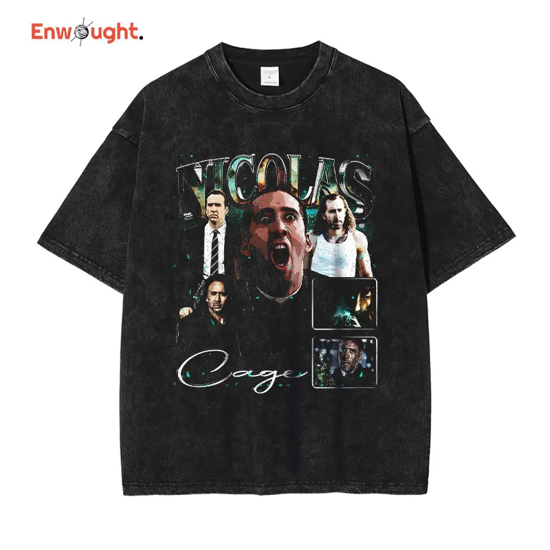 

Nicolas Cage T Shirt Vintage Washed Old School Tops Tees Oversized DTG Printing T-shirt Short Sleeve Sweatshirts Man 100% Cotton